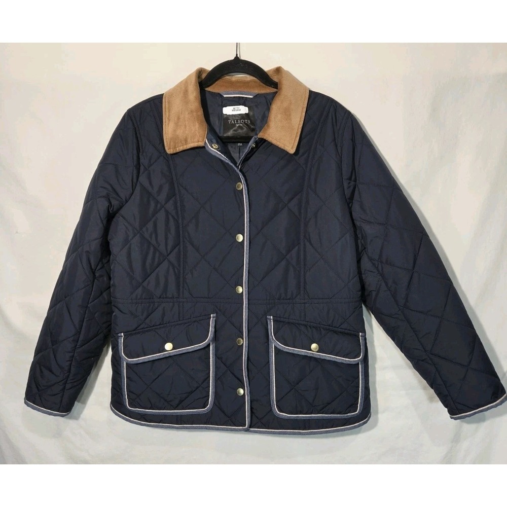 Talbots Quilted Barn Jacket Navy W Corduroy Trim Large‎ Petite Snap Closure